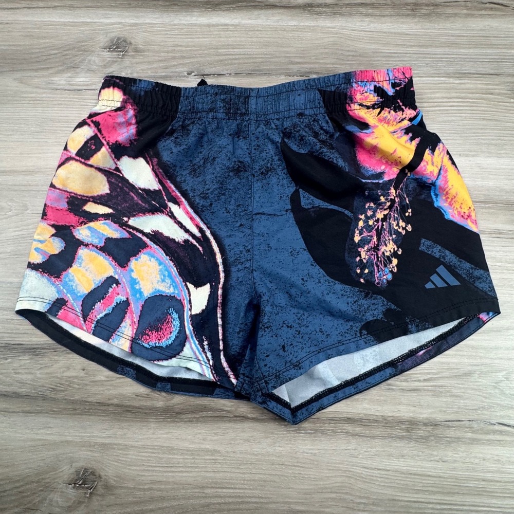 Adidas Girls Running Shorts AH4427 Blue Pink Butterfly Floral Print Size L 14